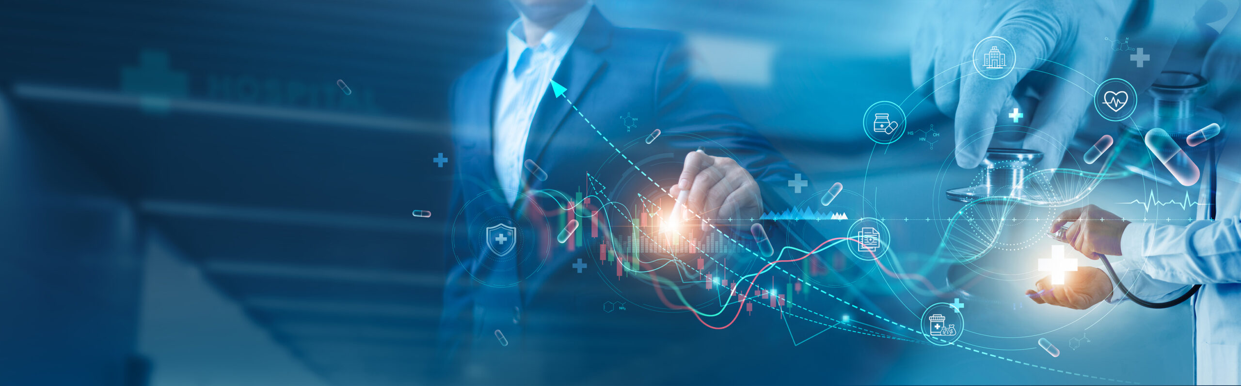 Healthcare business graph and data of Medical business growth, Medical hub on global network, Businessman touch and analyzing data growth of investment, Financial and banking, Health business report